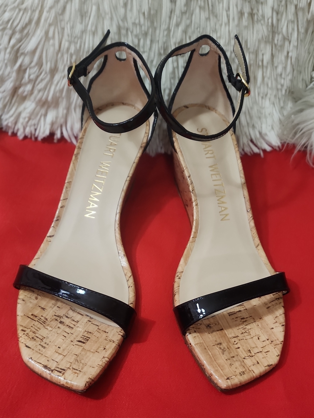 Stuart Weitzman Black Patent Cork Wedge Sandals with Ankle Strap
